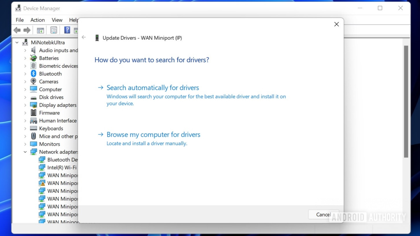 Opciones de búsqueda de controladores del administrador de dispositivos de Windows 11