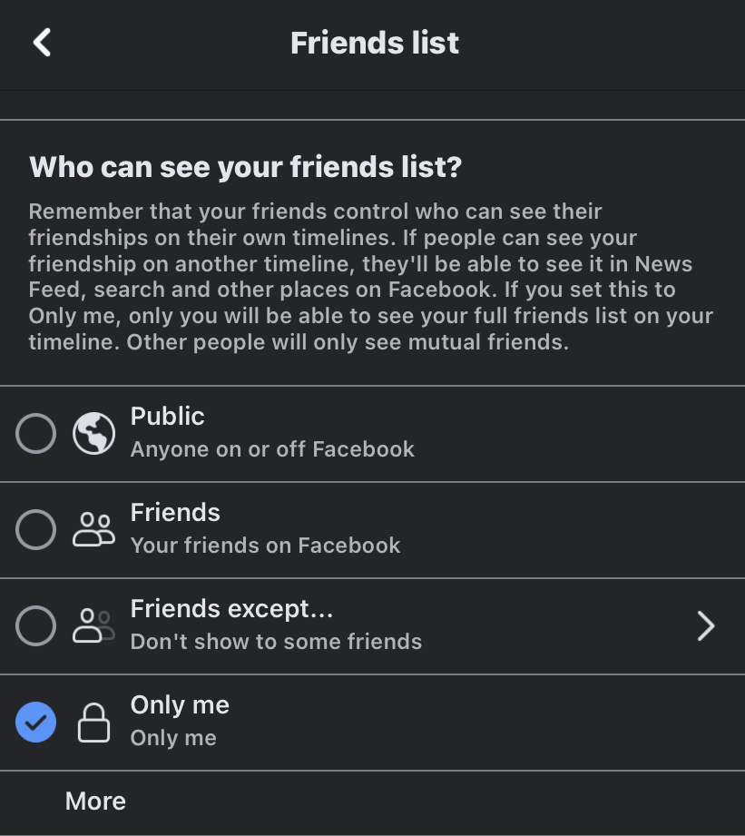 opciones de privacidad de la lista de amigos de la aplicación de facebook