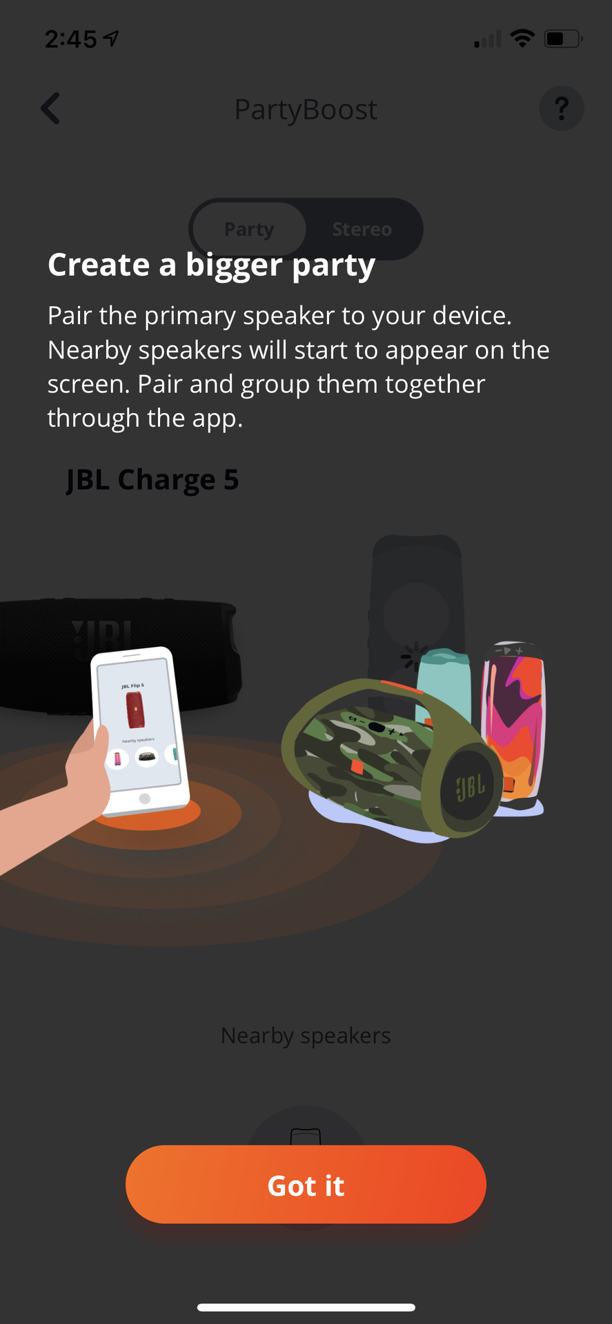 Captura de pantalla de la función PartyBoost de la aplicación JBL Connect.