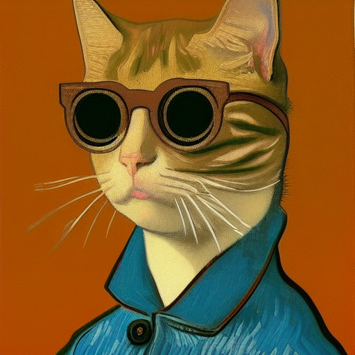 pintura al óleo de un gato con gafas de sol de van gogh y andy warhol