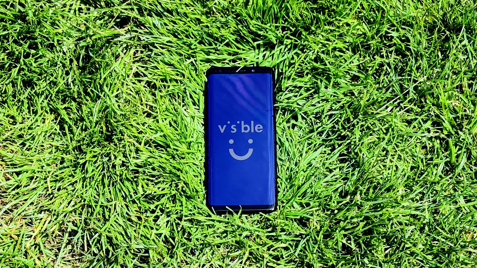 Un Samsung Galaxy S9 sobre un poco de hierba con el logo Visible en la pantalla.